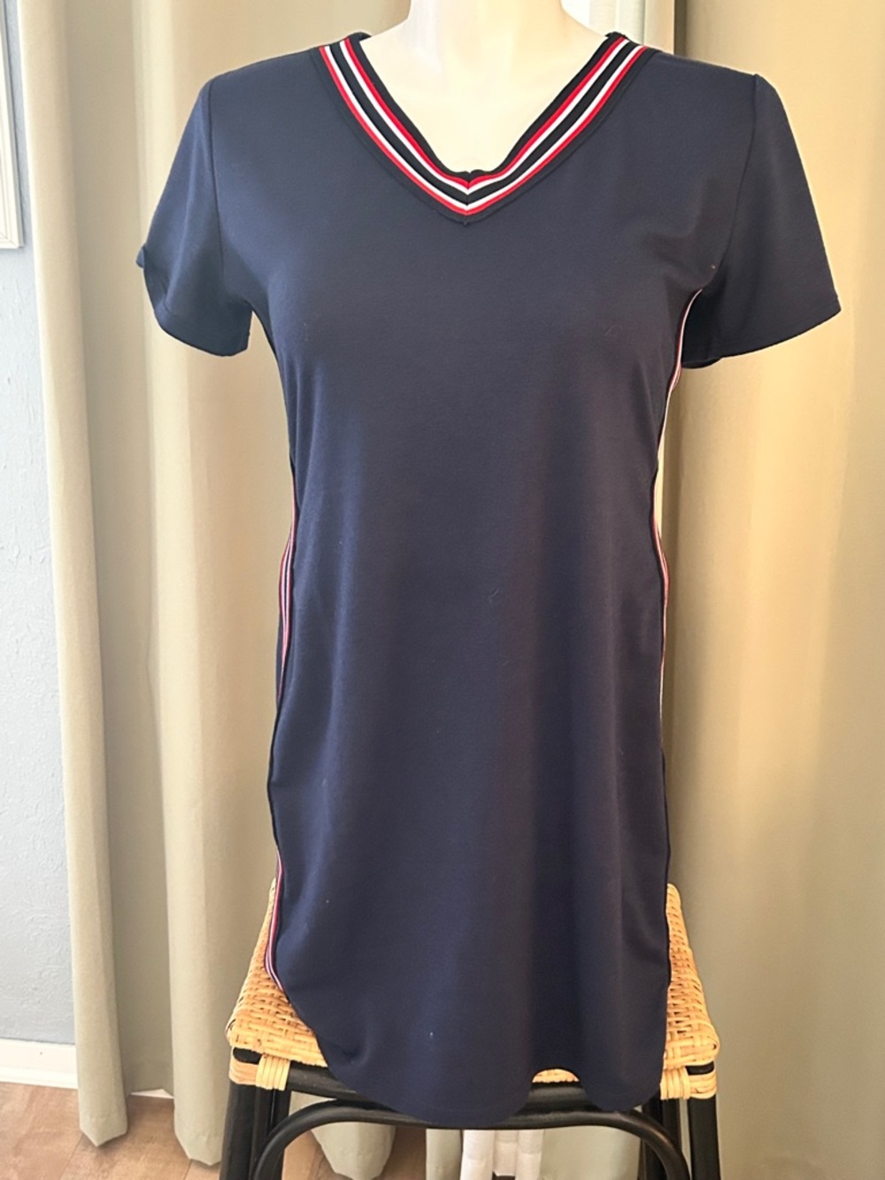 VENUS Navy with Red White and Blue Stripe Short Sleeve Summer Midi Dress Size L